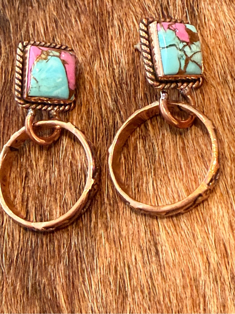 Cotton Candy Turquoise & Copper Hoop Drop Earrings